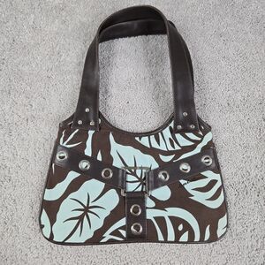 Y2k Split Inc Small Handbag Canvas Tropical Leaves Leather Buckle Accents